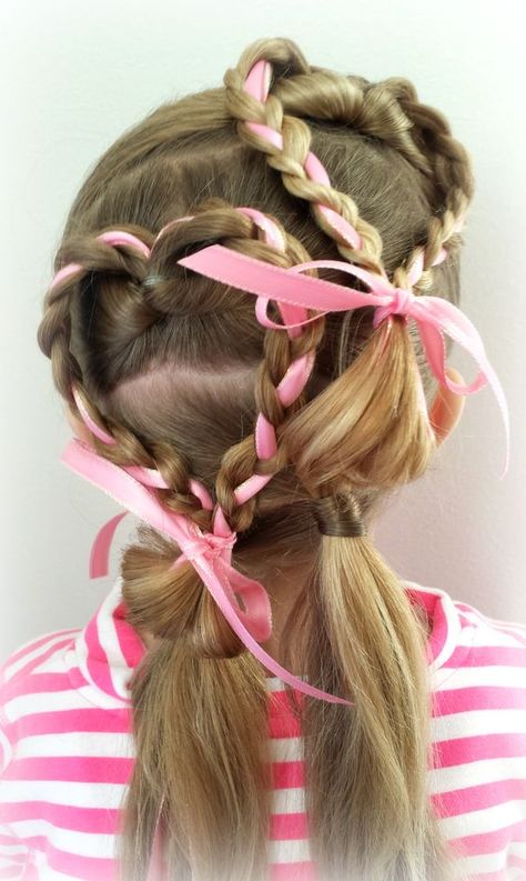 Charming Kids' Hairstyles: Braids, Twists & Accessories for Playful LooksValentine's Day Kids' Hairstyles: Braids, Twists & Accessories for Playful Looks Hairstyles Braids Twists, 4 Ponytails, Braids And Twists, Valentines Hairstyles, Girl Hairdos, Work Hair, Ribbon Braids, Girl Hairstyle, School Hair