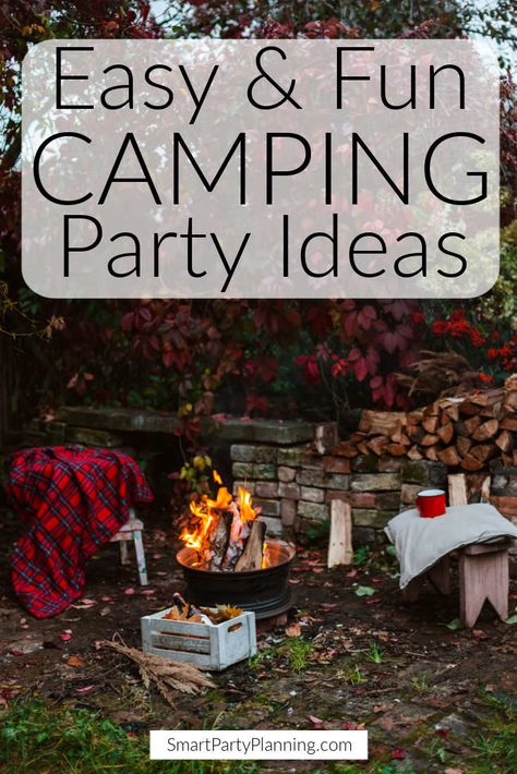 Teenage Camping Party, Camping Birthday Ideas Adults, Outdoor Camping Party Decor, Tent Camping Birthday Party, Camping Party Food Ideas For Adults, 50th Birthday Camping Ideas, Outdoor Camping Party Ideas, Birthday Party At Campground, Camping Theme Party Ideas