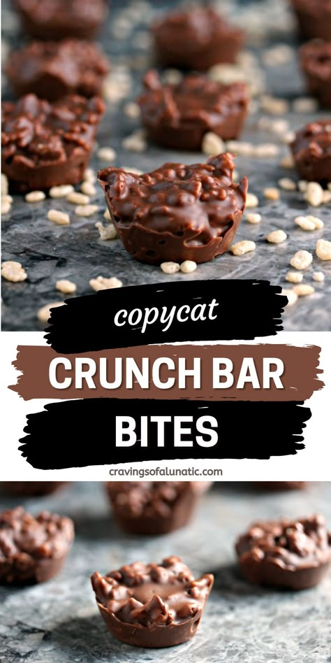 Collage image featuring two photos of round chocolate crunch bites on a grey counter. Diy Crunch Bar, Chocolate Crunch Cookies, Chocolate Snacks Easy, Chocolate Crunchies, Chocolate Molds Recipe, Chocolate Crunch Bars, Crunch Chocolate Bar, Crunch Bars Recipe, Crunch Chocolate