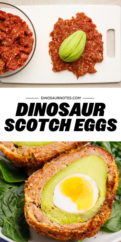 These dinosaur avocado-stuffed scotch eggs are quick to make and taste absolutely amazing. Perfect for keeping little hands busy in the kitchen. Dinosaur Eggs Food, Dinosaur Themed Food, Avocado Stuffed, Grilled Portobello, Scotch Eggs, Themed Food, Dinosaur Eggs, Baked Tofu, Sausage And Egg