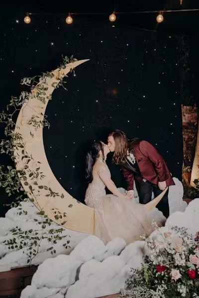 Moody and Romantic Wedding at Carondelet House in Los Angeles, California | Xoxo Weddings | PartySlate Moon Cutout Backdrop, Love You To The Moon And Back Wedding, Paper Moon Photo Booth, Moon Wedding Theme, Celestial Wedding Theme, Baby Shower Venues, Harp Music, Outdoor Baby Shower, Fantasy Universe