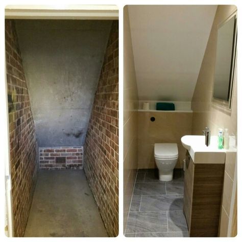 Beautiful under stairs toilet - before & after done by @aquanero  www.aquanero.co.uk Understairs Toilet, Room Under Stairs, Small Downstairs Toilet, Bathroom Under Stairs, Downstairs Cloakroom, Small Toilet Room, Downstairs Toilet, Basement Stairs, Small Toilet