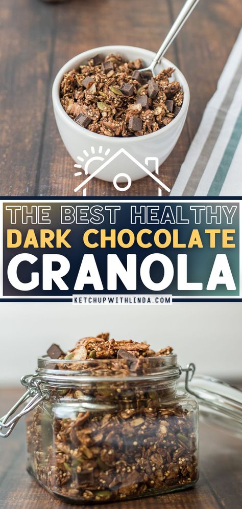 THE BEST HEALTHY DARK CHOCOLATE GRANOLA Dark Chocolate Granola, Gluten Free Granola Recipe, Chocolate Granola Recipe, Chips Homemade, Healthy Homemade Granola Recipe, Chocolate Granola Bars, Easy Granola Recipe, Healthy Dark Chocolate, Flaxseed Meal