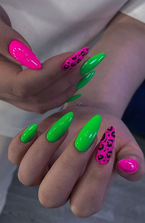 bright nails, summer nails, summer nail art design, summer nails, summer nail colors, nail art ideas Pink Leopard Nails, Easy Nail Designs Summer, Neon Green Nails, Leopard Print Nails, Cute Nail Art Designs, Leopard Nails, Animal Print Nails, Bright Nails, Summer Nails Colors