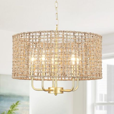 5-Light 18.89-inch Rattan Drum Chandelier for Living Room Kitchen - On Sale - Bed Bath & Beyond - 39861213 Nancy Mayer, Modern Coastal Lighting, Beach Home Aesthetic, Chandelier Natural, Evergreen Kitchen, Coastal Dining Rooms, Beach House Decor Living Room, House Decor Living Room, Lake House Lighting