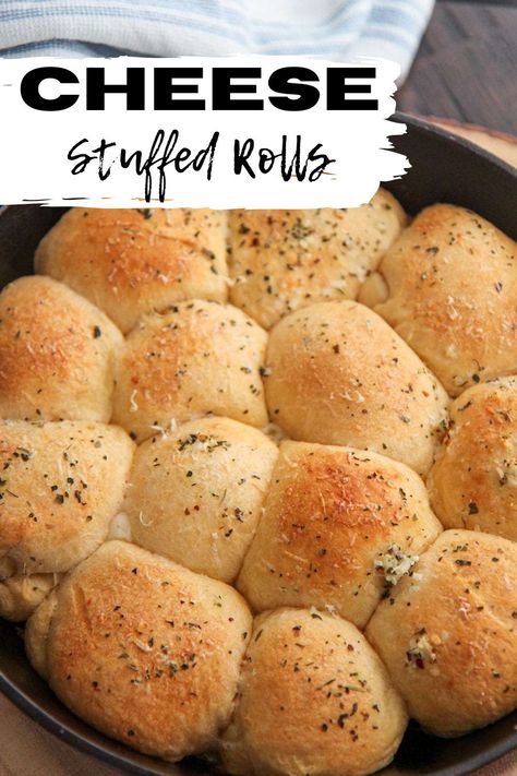 These cheese stuffed rolls are made with just a handful of ingredients and will blow your socks off! Made with crescent dough, cheese, butter, and garlic. Enjoy these for breakfast, lunch, or dinner. #cheesestuffedrolls #dinnerrolls Cheese Stuffed Rolls, Garlic Dinner Rolls, Stuffed Rolls, Rosemary Recipes, Garlic Rolls, Rosemary Bread, Rosemary Garlic, Dinner Rolls Recipe, Soups Stews