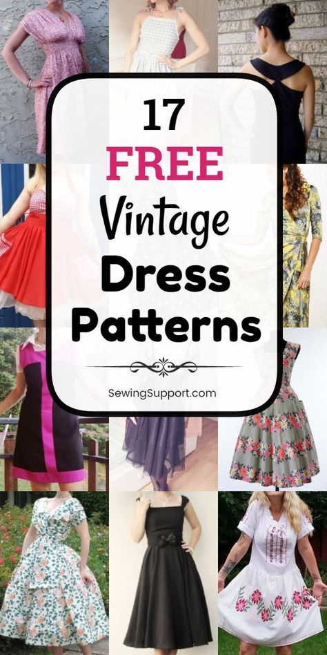 Sew a vintage or retro dress with the help of this collection of free sewing patterns, projects, and tutorials for vintage dresses (for women), inspired by the fashions of the 1940s, 50s, and 60s. Dress Sewing Patterns Free, Patron Vintage, Sewing Patterns For Women, Vestidos Retro, Vogue Vintage, Free Dress, Dress Patterns Free, Sixties Fashion, Vintage Dress Patterns