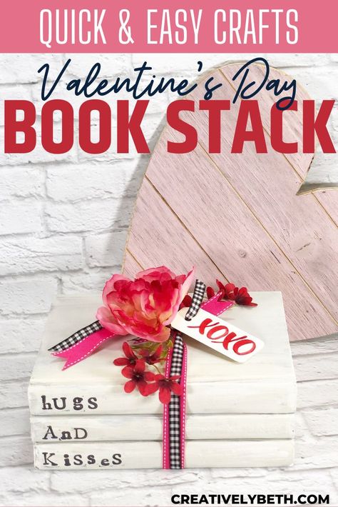 Dollar Tree hardcover books and craft paint transform into a trendy Valentine's Day Book Stack in just about 15 minutes for Creative Crafts Valentine's Day! | The Ultimate Pinterest Party Week 331 Book Stack Diy, Kiss Books, Stamped Books, Valentines Day Book, Charm Party, Quick And Easy Crafts, Alphabet Stamps, Book Stack, Letter Stamps