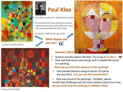 Art Lesson Primary School, Paul Klee Art Projects For Kids, Paul Klee Art Projects For Middle School, Paul Klee Art Lesson, Paul Klee Senecio, Paul Klee Cityscape Art Lesson, Fish Magic Paul Klee, Paul Klee Castles, Paul Klee Cat And Bird Art Lesson