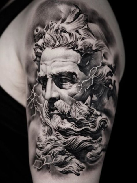 Neptune Tattoo, Black People Tattoos, King Neptune, Greek God Tattoo, Poseidon Tattoo, Zeus Tattoo, Statue Tattoo, Full Sleeve Tattoo Design, Greek Mythology Tattoos