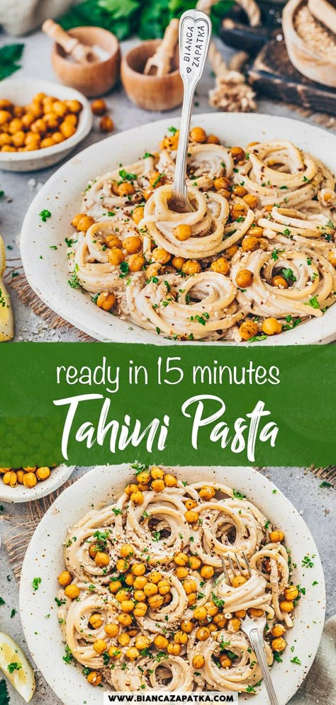 Creamy Tahini Pasta - Vegan & Easy This creamy tahini pasta sauce is a quick and easy 5-minute recipe that makes a great vegan and nut-free alternative to classic mac and cheese, spaghetti carbonara or fettuccine Alfredo, too! Serve with crunchy curry spiced chickpeas for a super simple lunch or dinner! Vegan Tahini Pasta, Tahini Pasta Sauce, Mac And Cheese Spaghetti, Spaghetti Alfredo, Enchiladas Sauce, Food Journaling, Tahini Pasta, Pasta Recipes For Dinner, Easy Homemade Pasta