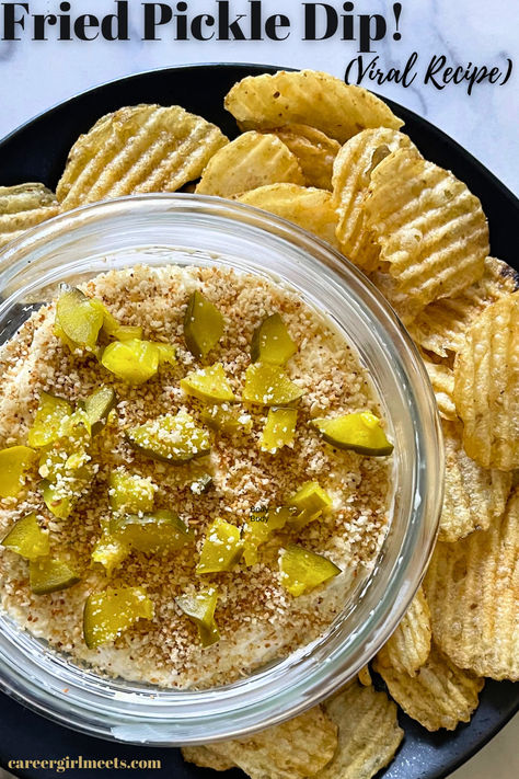 This Fried Pickle Dip recipe went viral on tiktok because it's incredibly delicous and easy! Sour cream and ranch seasoning give this dip a ton of creamy flavor, while the butter and crispy baked panko finish it off with some crunch. The pickles of course add the tang! If you love deep fried pickles you will love this dip. Serve with chips, crackers, or pretzels. 

// fried pickle dip recipe // fried pickles // Pickle Cheeseburger Bites, Food With Pickles, Fried Pickle Dip Recipe, Frito Dip Recipe, Pickle Snacks, Fried Pickle Dip, Pickle Dip Recipe, Fried Dill Pickles, Fried Pickles Recipe