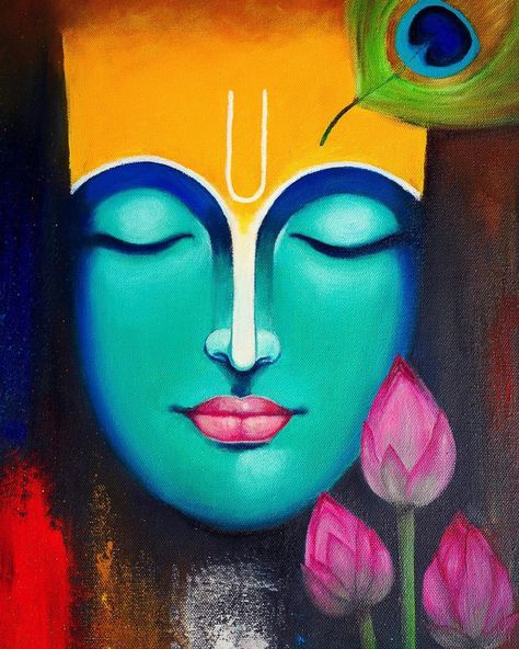 Krishna Poster Painting, Abstract Painting Of Krishna, Positive Painting Ideas, Krishna Simple Painting, Geometric Face Painting, Krishna Oil Pastels Drawing, Krishna Face Painting, Krishna Painting Abstract, Krishna Ji Painting