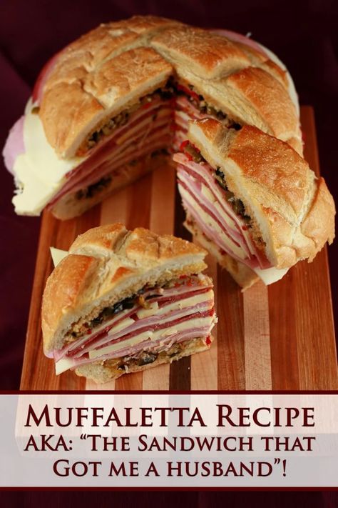 Muffaletta Sandwich Recipe! - Celebration Generation Gourmet Grilled Sandwiches, Italian Sandwiches For A Crowd, New Orleans Sandwich, Big Sandwiches, Pool Entertaining, Muffaletta Recipe, Muffuletta Recipe, Muffaletta Sandwich, Muffuletta Sandwich