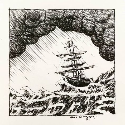 ink drawing Stormy Waves Drawing, Boat In A Storm Drawing, Ship In Storm Painting, Burning Ship Drawing, Ocean Storm Drawing, Ocean Ink Drawing, Stormy Sea Drawing, Boat In A Storm, Storm Sketch