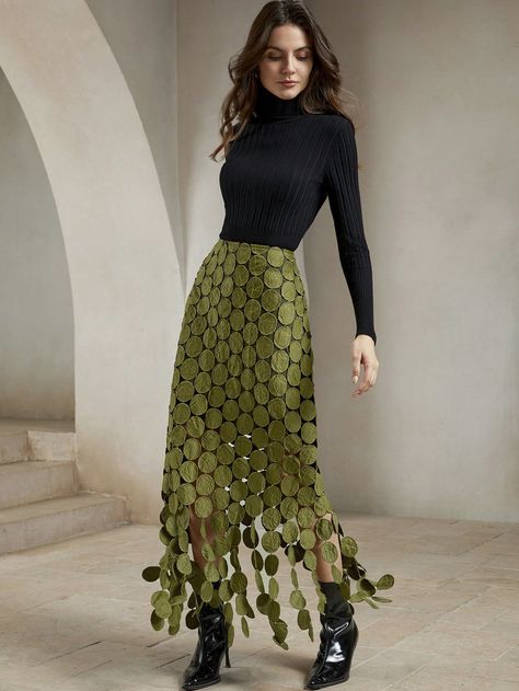 Anewsta Laser Cut Multi Circle Double Layered SkirtI discovered amazing products on SHEIN.com, come check them out! Olive Green Skirt, Loose Knit Sweaters, Women Maxi, Layered Skirt, Style Mistakes, Green Skirt, Smock Dress, Amazing Products, Pleated Dress