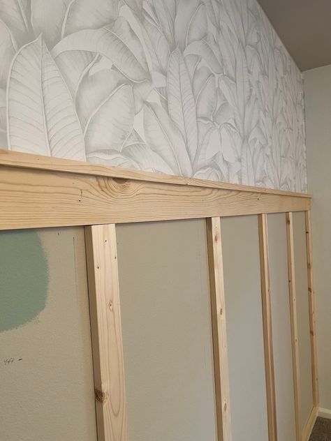 Batten Wall And Wallpaper, Wainscotting And Wallpaper Nursery, Board And Batten Walls With Wallpaper, Half Wallpapered Wall, Waynes Coating Ideas Nursery, Wainscoting And Wallpaper Nursery, Nursery Wainscoting Girl, Batten Board Nursery, Chair Rail Ideas With Wallpaper