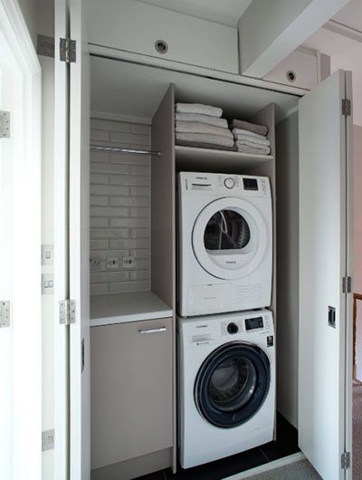 33 Small Laundry Room Ideas - Sebring Design Build Washer Dryer Laundry Room, Small Laundry Closet, Stackable Laundry, Laundry Closet Makeover, Small Laundry Room Ideas, Stacked Laundry Room, Laundry Room Ideas Small Space, Tiny Laundry Rooms, Small Laundry Room Organization