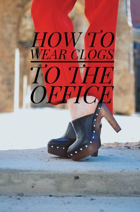 Monday Work Outfit - How To Wear Clogs To The Office | MY SMALL WARDROBE Clogs Office Outfit, Clog Work Outfit, Clogs With Tights, Clog Heels Outfit, How To Wear Clogs, Monday Work Outfit, High Heel Clogs, Small Wardrobe, Trying New Things