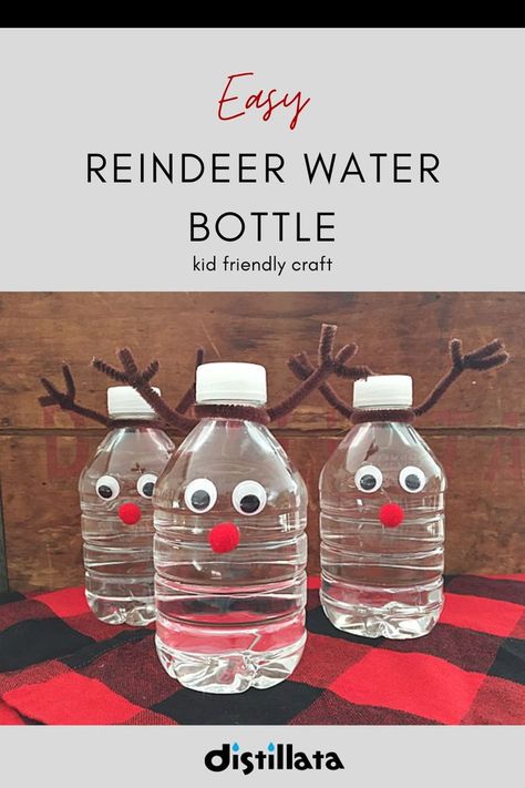 small water bottles crafted to look like reindeer Water Bottle Crafts, Red Pom Poms, Kid Friendly Crafts, Drinking Water Bottle, Bottle Craft, Healthy Drink, Kids Holiday, Water Party, Holiday Craft