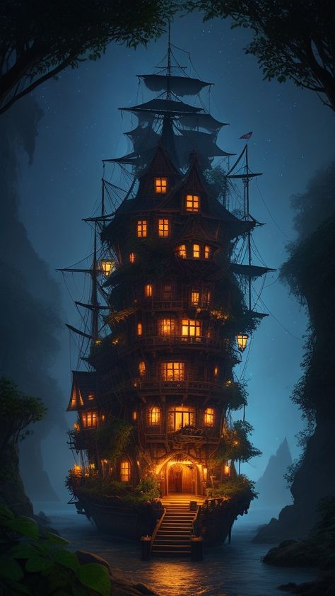 Big Pirate Ship, Pirate Hideout Concept Art, Dnd Pirate Ship, Pirate Ship House, Pirate Ship Concept Art, Fantasy Pirate Art, Flying Pirate Ship, Small Pirate Ship, Fantasy Pirate Ship