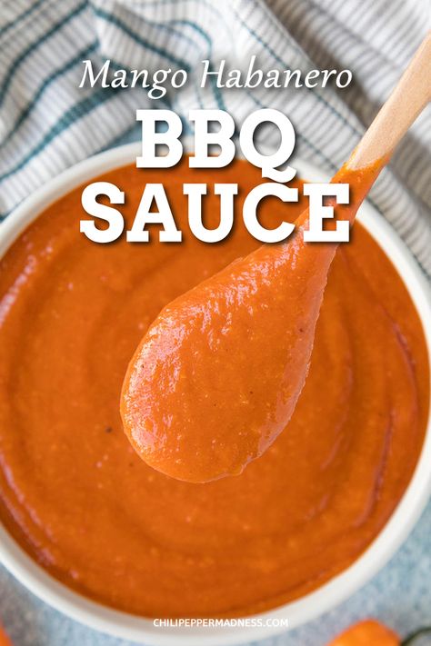 This mango-habanero bbq sauce recipe is perfect for grilled shrimp, fish, chicken or pork, with just the right amount of sweet and heat. #BBQSauce #Barbecue #Spicy Mango Habanero Bbq Sauce Recipe, Mango Habanero Recipes, Habanero Bbq Sauce, Habanero Recipes, Homemade Hot Sauce, Habanero Hot Sauce, Spicy Chicken Recipes, Bbq Sauces, Hot Sauce Recipes