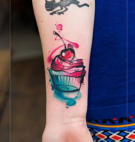 Cupcake Tattoo With Cherry on Top Cupcake Tattoo Designs, Baking Tattoo, Cupcake Tattoo, Cupcake Tattoos, Food Tattoos, Kunst Tattoos, Single Line Tattoo, Tattoo Convention, Disney Tattoo