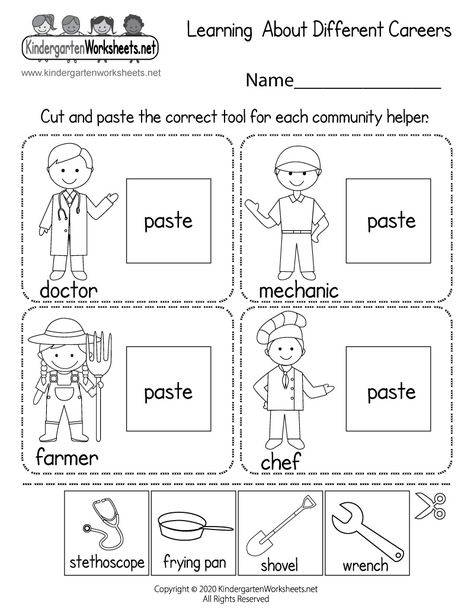 What do doctors, farmers, chefs, and mechanics use? Kids can learn more about these important community helpers by completing a simple cut and paste activity in this free social studies worksheet. Community Helpers Worksheets Preschool, Community Helpers Printables, Kindergarten Jobs, Community Helpers Preschool Crafts, Community Helpers Kindergarten, Preschool Social Studies, Community Helpers Crafts, Community Helpers Activities, Community Helpers Preschool Activities