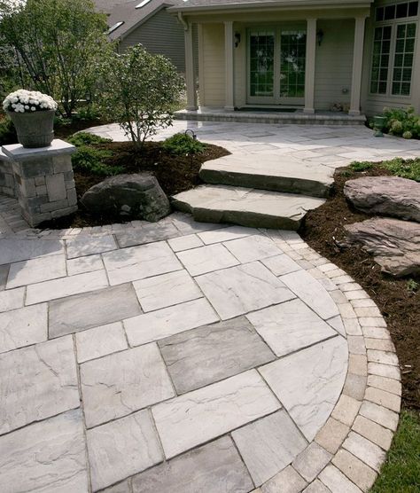 Beacon Hill Flagstone has a natural appearance; soft blended colors, subtle surface design gives these paving stones a relaxed historic look and feel. Paver Stone Patio, Paving Stone Patio, Stone Patio Designs, Pavers Backyard, Patio Layout, Concrete Patios, Patio Pavers Design, Patio Steps, Stone Steps