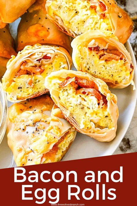 These Bacon and Egg Rolls are a fun breakfast, brunch, snack, or game day appetizer recipe. Egg roll wrappers are filled with bacon, cheese, and scrambled eggs. Serve with hollandaise sauce or gravy. #eggrolls #baconandeggs Brisket Egg Rolls, Egg Roll Recipes Indian, Bacon Egg And Cheese Egg Rolls, Egg Roll Appetizers, Egg Roll Ideas, Bacon Cheeseburger Egg Rolls, Different Kinds Of Egg Rolls, Bacon Jam Cheeseburger Egg Rolls, Pork Egg Roll Recipes Easy