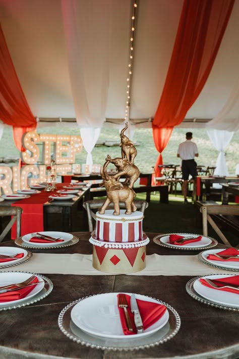 Red & White Circus-Themed Draping Circus Theme Party Centerpieces, Vintage Circus Theme Party, Circus Themed Prom, Vintage Circus Party Ideas, Circus Chic, Circus Theme Event Decor, Adult Circus Theme Party, Circus Table Decorations, Fancy Circus Theme Party