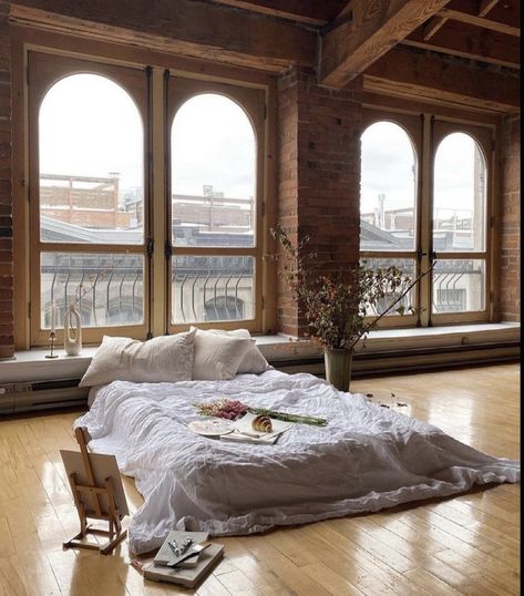 Bed in London Floor Aesthetic, New Year Look, Brown Minimalist, Loft Interior, Mattress On Floor, Gorgeous Bedrooms, Small Bedroom Decor, Deco Boheme, Big Windows