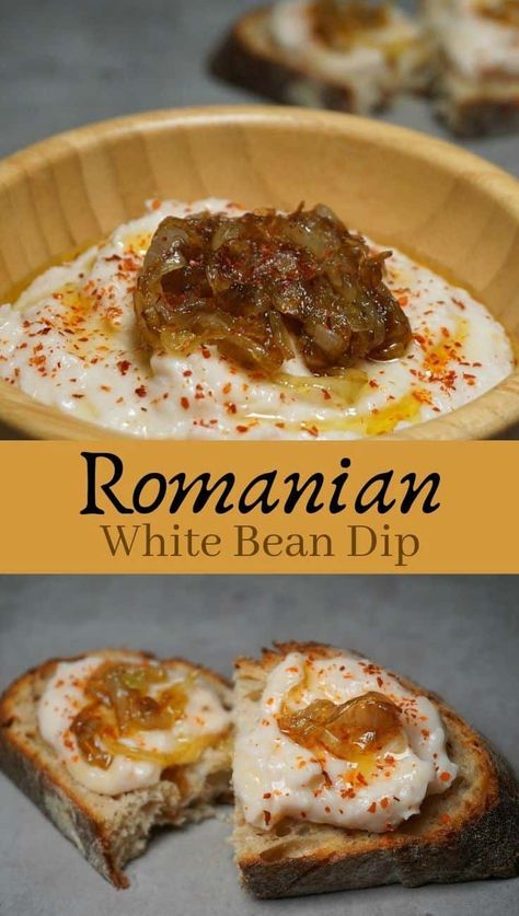 Romania Food, Romanian Recipes, White Bean Dip, Eastern European Recipes, European Cuisine, Bean Dip, Romanian Food, Caramelized Onion, English Food