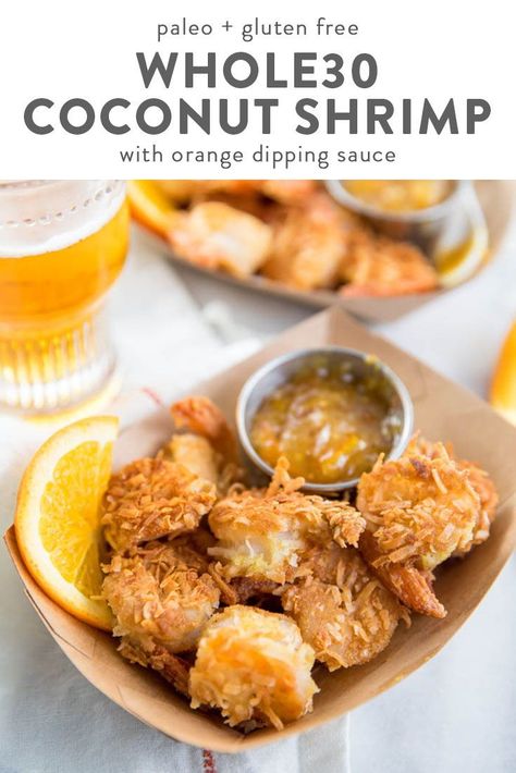 These Whole30 coconut shrimp with orange sauce are the best dang Whole30 coconut shrimp, I swear it. With a crispy, coconutty shell and a delicious orange sauce, these are a quick Whole30 dinner recipe and they'd work beautifully for company, too. Your friends would never guess they're Whole30 coconut shrimp! One of our very favorite quick Whole30 dinner recipes for sure. #whole30 #paleo #glutenfree #copycatrecipes #shrimp Paleo Seafood Recipes, Paleo Fish, Whole30 Dinner, Whole30 Dinner Recipes, Whole30 Dinners, Whole 30 Diet, Orange Sauce, Soup Diet, Recipe 30