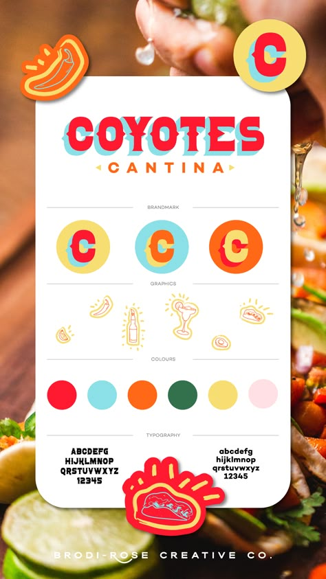 Hospitality, Food & Restaurants | Brodi-Rose Creative Co Postcard Design Business, Funky Restaurant, Mexican Color Palette, Food Colors Palette, Restaurant Branding Identity, Design Style Guide, Mexican Graphic Design, Restaurant Brand Identity, Mexican Fonts