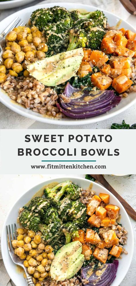 This Sweet Potato Broccoli Bowl is a healthy, balanced, nutrient-dense power bowl finished with a homemade ginger tahini dressing. Perfect for meal prep, or any time you need a nice recharge to your week! #sweetpotatobroccolibowl #powerbowlrecipes #buddhabowl Dairy Free Bowls, Winter Nourish Bowl, Winter Bowls Healthy, Mediterranean Power Bowls, Broccoli Sweet Potato Recipes, Sweet Green Harvest Bowl, Broccoli Bowls, Nutrient Dense Meals, Broccoli Bowl