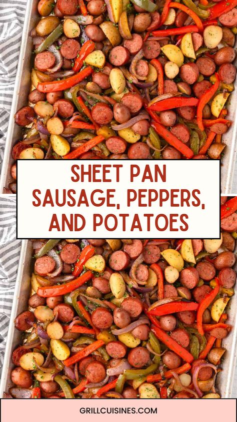 Quick, delicious, and effortless Sheet Pan Sausage, Peppers, Potatoes, and Onions! This one-pot meal is perfect for busy weeknights or meal prep. Loaded with savory flavors and minimal cleanup, it’s a family favorite dinner idea! 🥔🌶️🥓 #SheetPanMeal #OnePotMeal #EasyDinner #MealPrep Sheet Pan Sausage And Peppers And Onions, One Pan Sausage And Veggies And Potatoes, Sheet Pan Sausage Peppers Onions Potatoes, Sausage Pan Meal, Sausage One Sheet Pan, Sheet Pan Sausage Peppers And Potatoes, Sheet Pan Chicken Sausage Sweet Potato, Sausage Pepper Sheet Pan, Sausage Potatoes And Peppers Sheet Pan