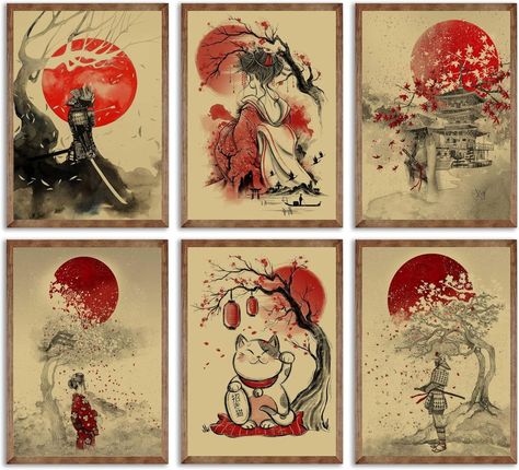 Amazon.com: 6-Pcs Japanese Sakura Samurai Wall Art Ninja Bushido People Posters Prints Japan Wall Decor Pictures Geisha Lucky Cat Canvas Paintings for Bedroom Living Room Office Decoration Unframed: Posters & Prints Canvas Paintings For Bedroom, Goku Wall Art, Sakura Samurai, Art Bedroom Aesthetic, Paintings For Bedroom, Asian Wall Decor, Japanese Garden Decor, Theme Restaurant, Japanese Art Samurai