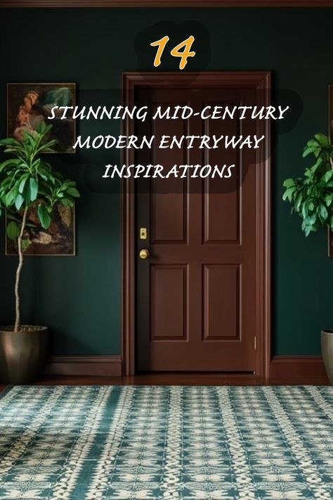 I'm in love with this stunning entryway design that beautifully captures mid-century modern aesthetics. The rich, dark green walls provide a striking backdrop, while the brown door adds warmth and elegance. The patterned rug perfectly ties together the entire space, making it feel both inviting and stylish. Check out these 14 inspiring ideas to elevate your own entryway! Moody Eclectic Entryway, Earthy Entryway Ideas, Board And Batten Mid Century Modern, Midcentury Hallway, Dark Green Entryway, Dark Academia Hallway, Dark Entryway Ideas, Mid Century Modern Interior Doors, Mid Century Entryway Ideas