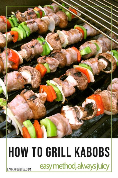 How to grill chicken and steak kabobs that are tender and perfectly cooked. Grilling tips and an easy marinade recipe, this post has everything you need to know to grill perfect skewers. Kabobs On The Grill Sausage, Oven Shish Kabobs Steak, Beef Shish Kabob Marinade, Skewers On The Grill, Grilled Beef Kabobs, Shrimp And Chicken Shish Kabobs Grilled, Grill Skewers, Kabobs On The Grill, Grilled Steak Kabobs