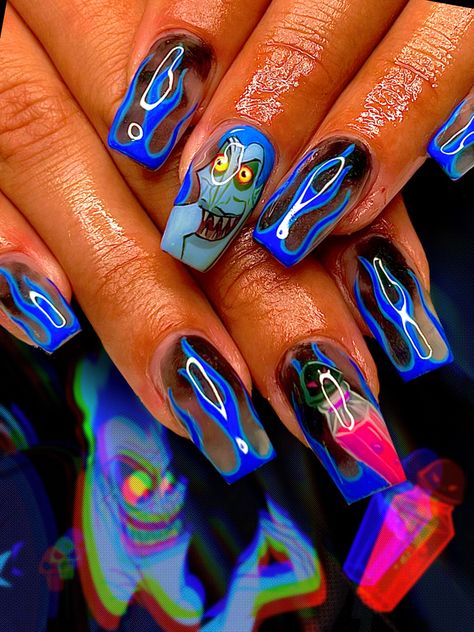 Hades Hair Color, Disney Villain Acrylic Nails, Meg Hercules Nails, Movie Themed Nail Art, Hades Nails Art, Disney Villain Nails Simple, Hades Inspired Nails, Hercules Nail Art, Disney Nails Villains