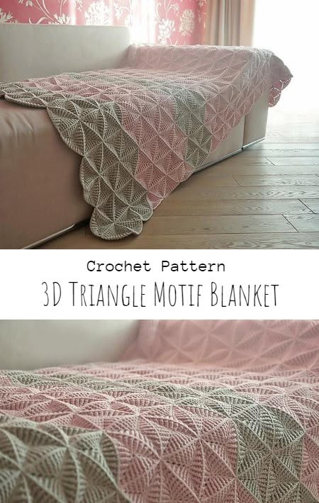 Crochet 3D Triangle Motif Blanket Crochet Patterns Blankets, Crochet Triangle Pattern, Motif Blanket, New Crochet Patterns, Crochet A Blanket, Triangle Crochet, Motif Flower, 3d Crochet, 3d Triangle