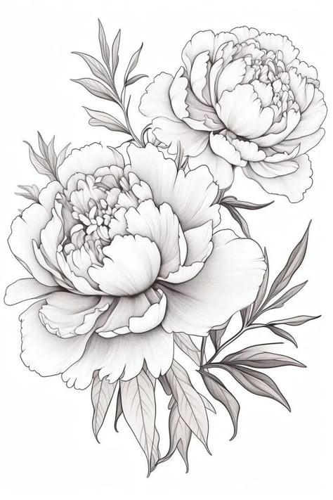 Peony Flower Coloring Pages, Peony Coloring Page, Peony Flower Drawing, Peony Drawing, Peony Illustration, Peony Tattoo, Peony Art, Flower Drawings, Barbie Coloring