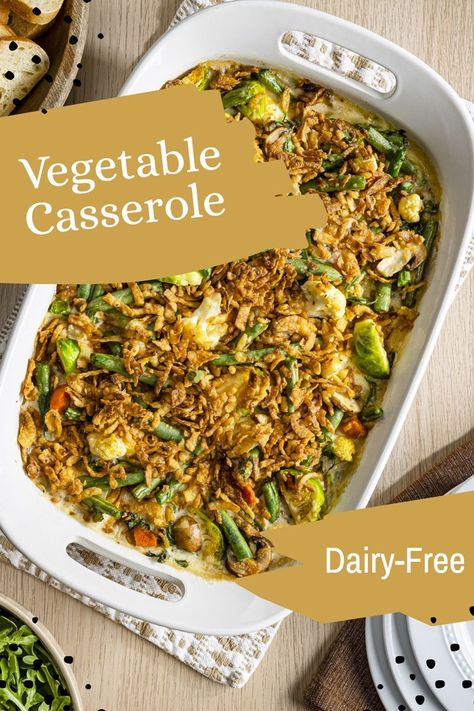 Creamy Dairy-Free Vegetable Casserole Recipe topped with crispy French fried onions! Plant-based, healthy, vegan, optionally gluten-free and allergy-friendly! Mixed Vegetable Casserole, Thanksgiving Casserole Recipes, Dole Recipes, Dairy Free Sauces, Asparagus Casserole, Vegetable Casserole Recipes, Veggie Casserole, Baked Veggies, Vegetable Medley