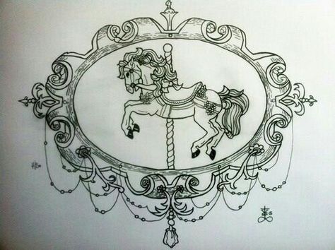 Vintage carousel tattoo Carousel Horse Tattoos, Carousel Tattoo, Tattoo Lower Back, Circus Tattoo, Tattoo Horse, Horse Tattoo Design, Framed Tattoo, Horse Illustration, Beautiful Tattoo