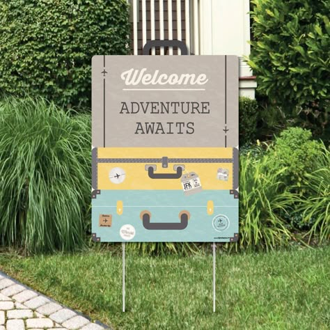 PRICES MAY VARY. World Awaits Yard Sign Decoration INCLUDES Welcome Adventure Awaits corrugated plastic yard sign and 2 sturdy stakes for displaying. PERFECT FOR ANY LOCATION! World Awaits Yard Sign SIZE 17 inches wide x 23 inches tall. Vibrant adventure awaits yard decor is an easy way to decorate for bridal shower, birthday or retirement party. Both adults and kids will love these World Awaits party supplies. Display in front yards of your home or party venue. EASY TO USE: World Travel Lawn De Travel Theme Bridal Shower, Around The World Theme, Travel Baby Showers, Travel Party Theme, Retirement Party Decorations, Themed Bridal Shower, Adventure Theme, World Party, Graduation Theme