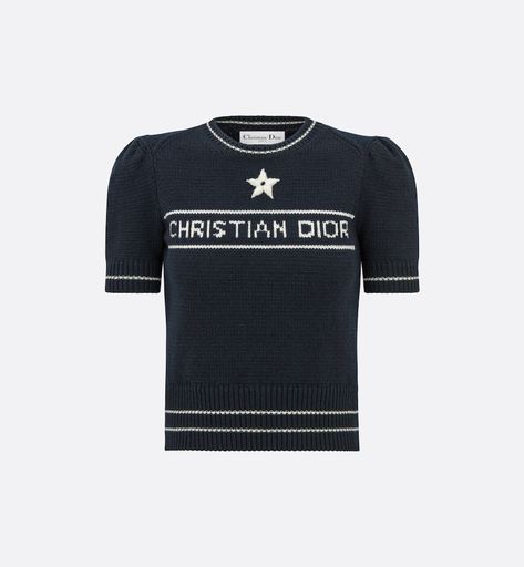 'CHRISTIAN DIOR' Short-Sleeved Sweater Navy Blue Cashmere and Wool Knit | DIOR Dior Sweater, Denim Swimsuit, Dior Star, Sweater Navy Blue, Christian Dior Couture, Dior Couture, Lucky Star, Mid Length Skirts, Tshirt Skirt