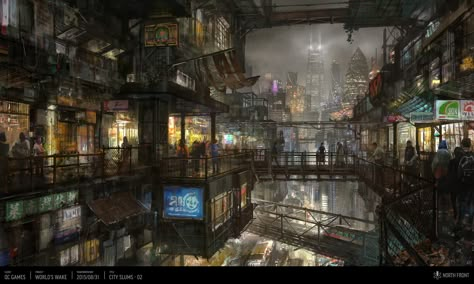 Urban Dystopia Cities, Undercity Concept Art, Dystopian Art Landscapes, Futuristic Slums, Dystopian Slums, City Slums, Dystopian Art, Scifi City, Steampunk City