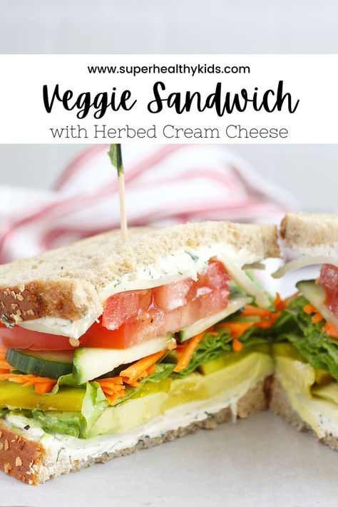 Packed with fresh veggies and a generous layer of homemade herbed cream cheese- this is one Veggie Sandwich that won’t leave you feeling hungry. It’s loaded with flavor and oh-so delicious! #easylunchrecipes #vegetariandinners #sandwichideas Veggie Sandwiches Recipes, Veggie Sandwich With Hummus, Veggie Subs Sandwich, Cream Cheese Veggie Sandwich, Cold Veggie Sandwich, Roasted Veggie Sandwich Recipes, Jimmy Johns Veggie Sandwich Recipe, Veggie Croissant Sandwich, Veggie Wraps Easy