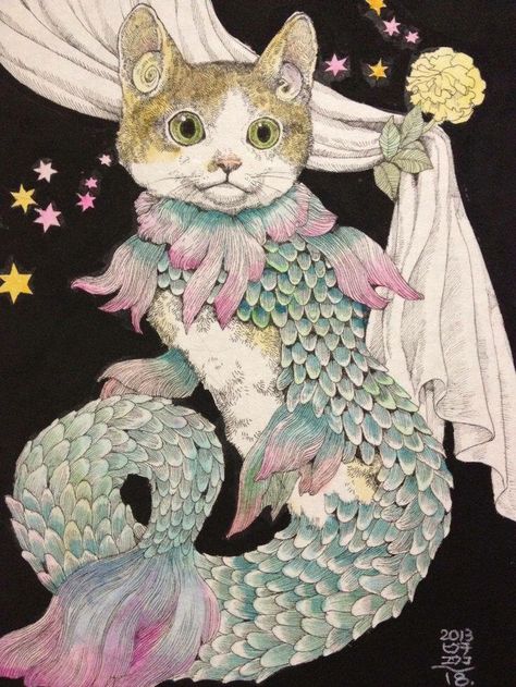 Cat mermaid art Higuchi Yuko, Yuko Higuchi, Mermaid Cat, Digital Museum, Art Et Illustration, Cats Illustration, Arte Fantasy, Beatrix Potter, A Mermaid